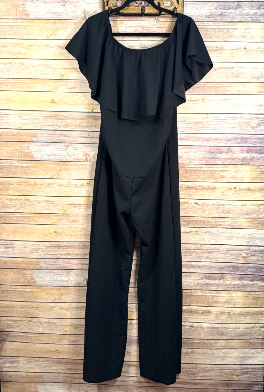 My Bump Womens Black Ruffled Off the Shoulder Sleeve Maternity Romper L